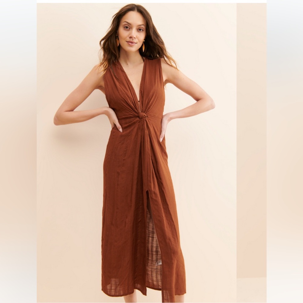 L*SPACE DOWN THE LINE DARK BROWN FRONT TIE SLEEVELESS MAXI COVER UP SIZE SMALL